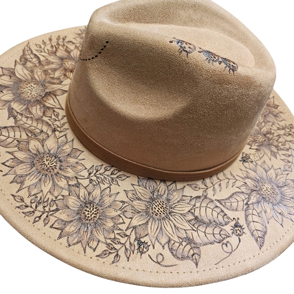 Hand Burned Wide Brim Fedora Hat Featuring Sunflowers, Bees, and Lady Bugs - Picture 3 of 8